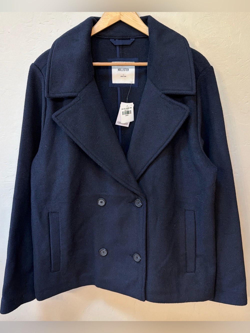 Hollister Navy Wool Blend Peacoat Double Breasted Button Jacket Womens Large NEW